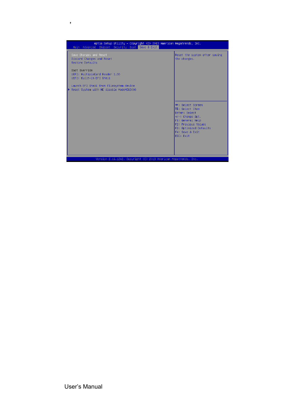 Save and exit, Save changes and reset, Discard changes and reset | Restore defaults, Launch efi shell from filesystem device | Avalue ESM-BYT User Manual | Page 66 / 76