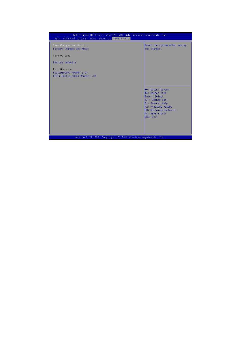 Save and exit, Save changes and reset, 2 discard changes and reset | 3 restore defaults | Avalue ESM-QM87 User Manual | Page 69 / 82