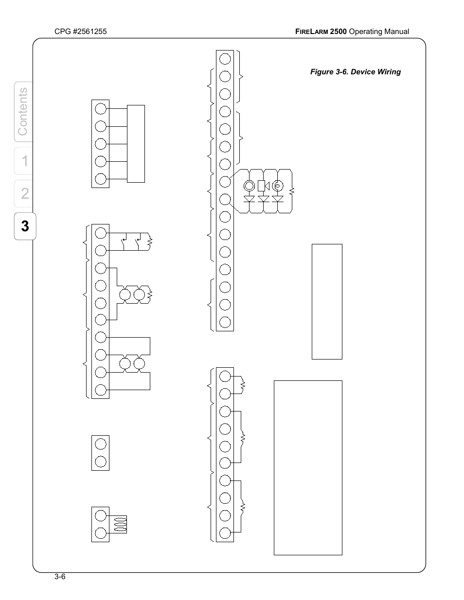 Content s, Figure 3-6. device wiring, Po wer ra ting | Tb2 tb1a 19, Zone 4, Bell 2, Auxiliar y alarm, Auxiliar y tr ouble remo te st a tion e gnd, Zone 1, Zone 2 | CPG FIRELARM 2500 CPG #2561255 User Manual | Page 20 / 44