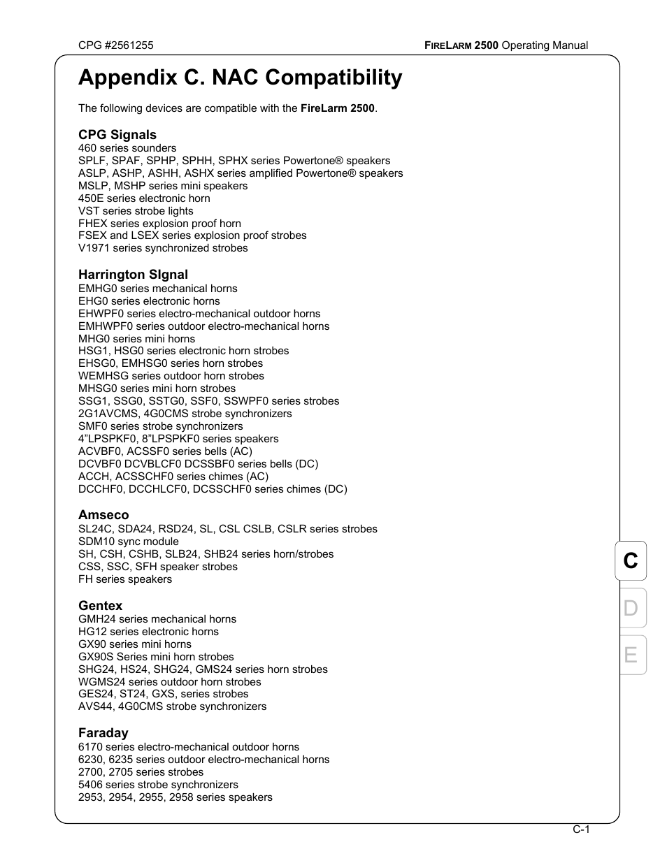 Ed c, Appendix c. nac compatibility | CPG FIRELARM 2500 CPG #2561255 User Manual | Page 39 / 44