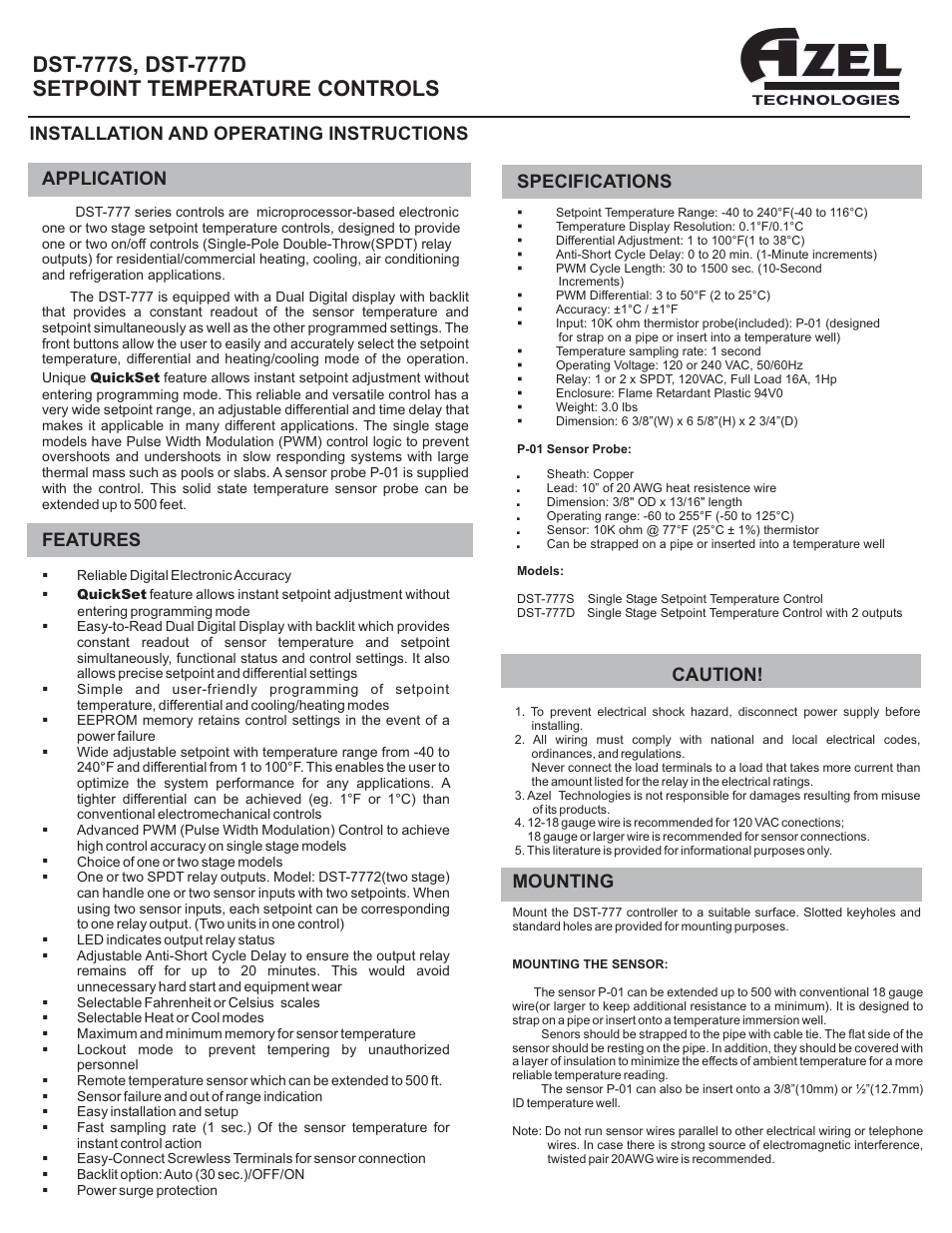 AZEL SINGLE STAGE AND TWO STAGE DIGITAL SETPOINT TEMPERATURE CONTROL: DST-777 User Manual | 4 pages