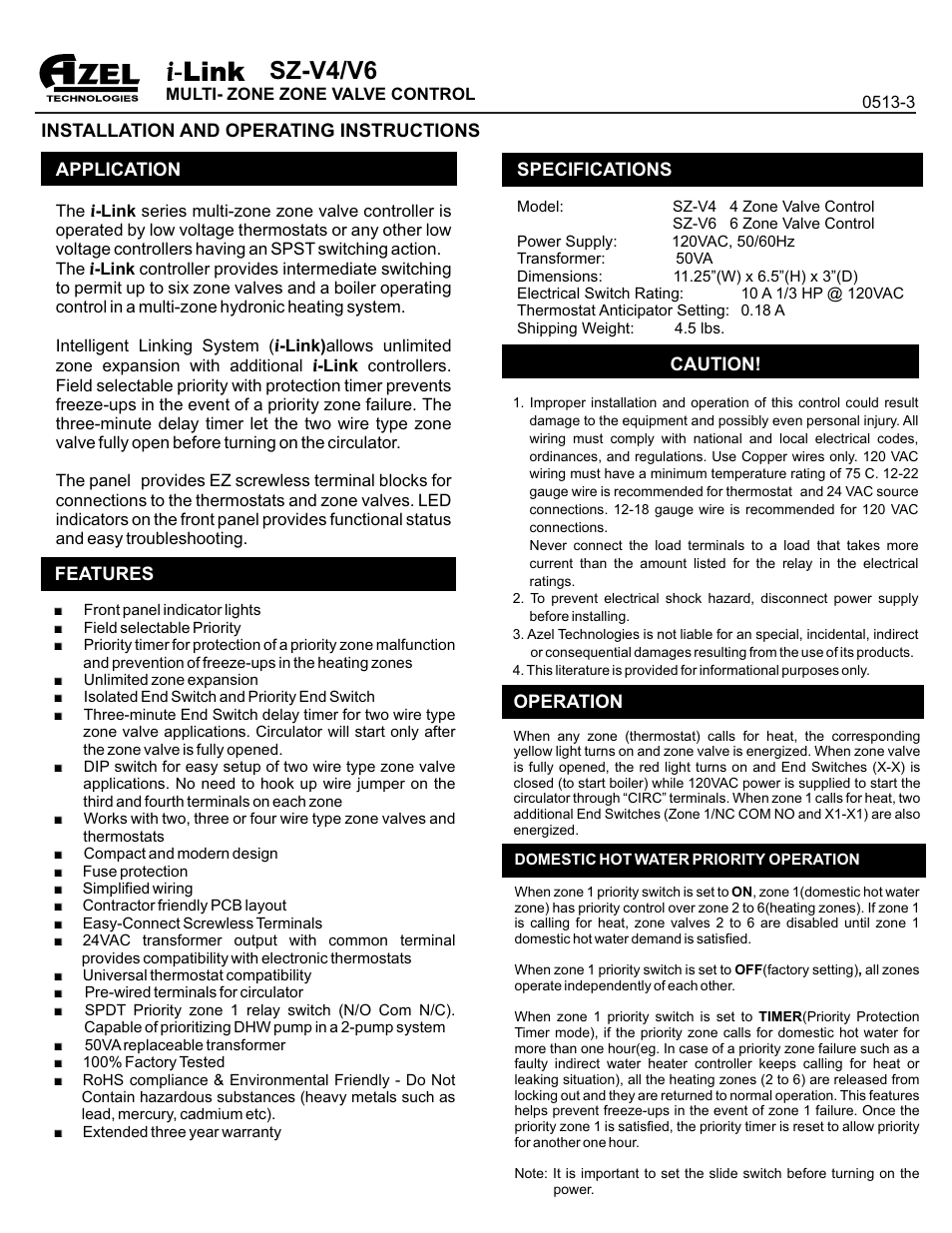 AZEL i-Link SERIES ZONE VALVE CONTROLS FOR HYDRONIC / RADIANT FLOOR HEATING SYSTEMS User Manual | 3 pages