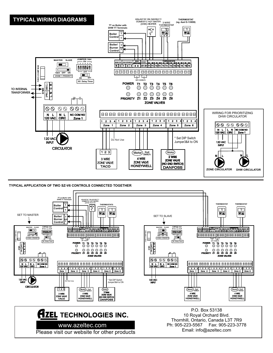 Technologies inc, Typical wiring diagrams, Please visit our website for other products | Set dip switch jumper3&4 to on, Zone 1 n l 120 vac, Wiring for prioritizing dhw circulator | AZEL i-Link SERIES ZONE VALVE CONTROLS FOR HYDRONIC / RADIANT FLOOR HEATING SYSTEMS User Manual | Page 3 / 3