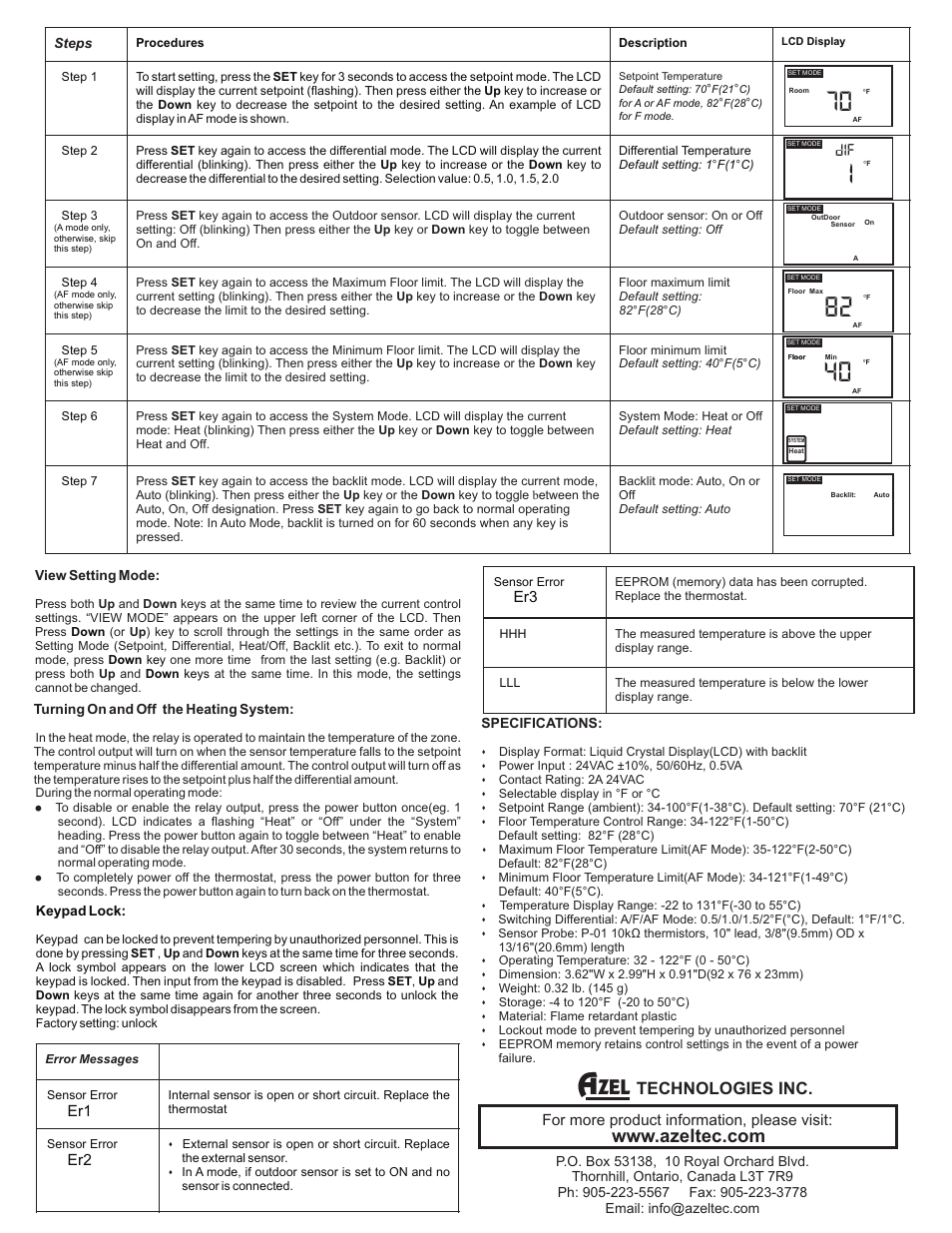 Technologies inc, For more product information, please visit | AZEL DIGITAL NON-PROGRAMMABLE THERMOSTAT FOR HYDRONIC RADIANT FLOOR HEATING User Manual | Page 2 / 2