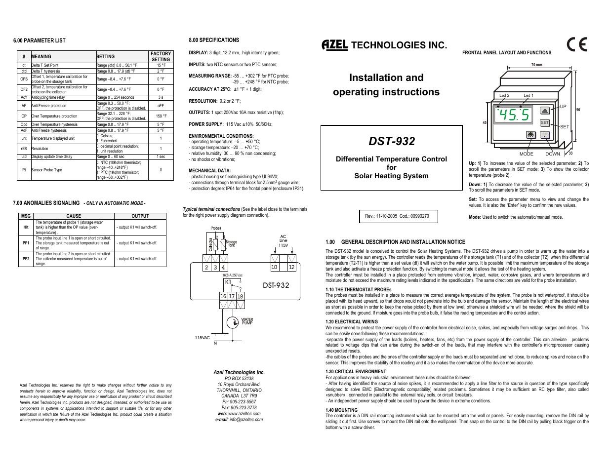 AZEL SOLAR DIFFERENTIAL CONTROL: DST-932 User Manual | 2 pages