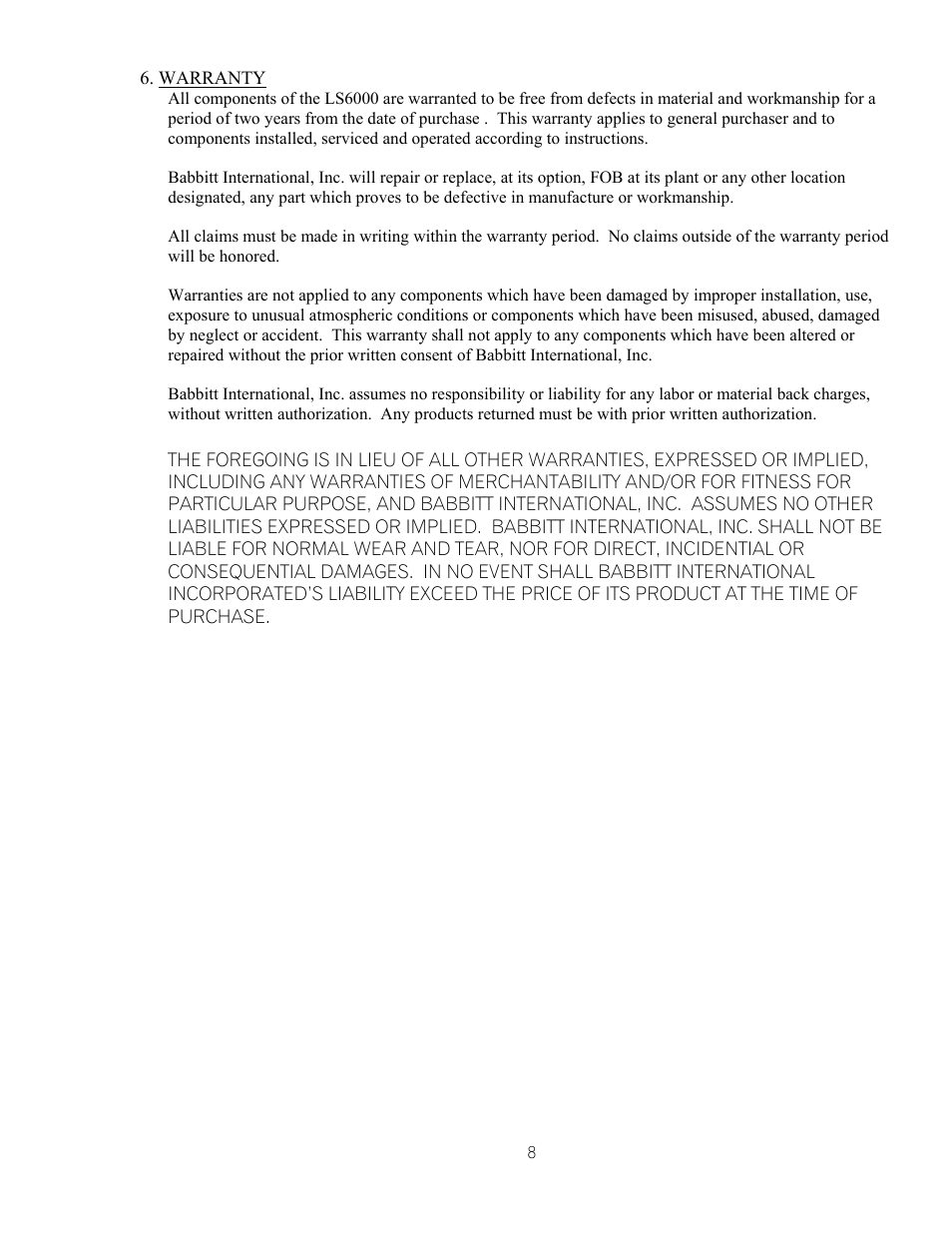 Warranty | Babbitt LS6000 Basic Features Sensor User Manual | Page 10 / 10
