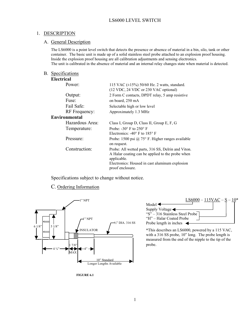 Description, A. general description, B. specifications | Babbitt LS6000 Basic Features Sensor User Manual | Page 3 / 10