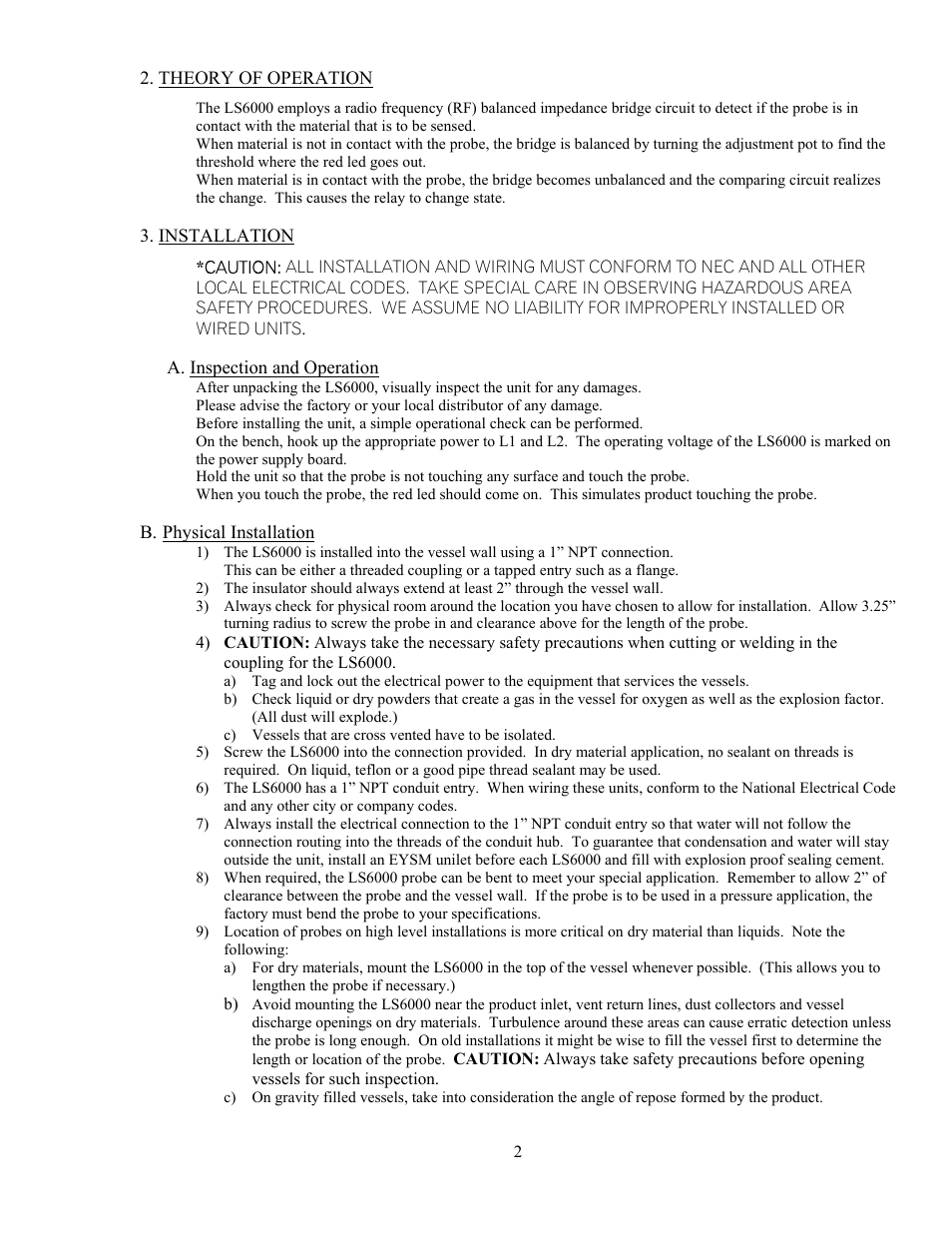 Theory of operation/ordering information, Installation, A. inspection and operation check | B. physical installation | Babbitt LS6000 Basic Features Sensor User Manual | Page 4 / 10