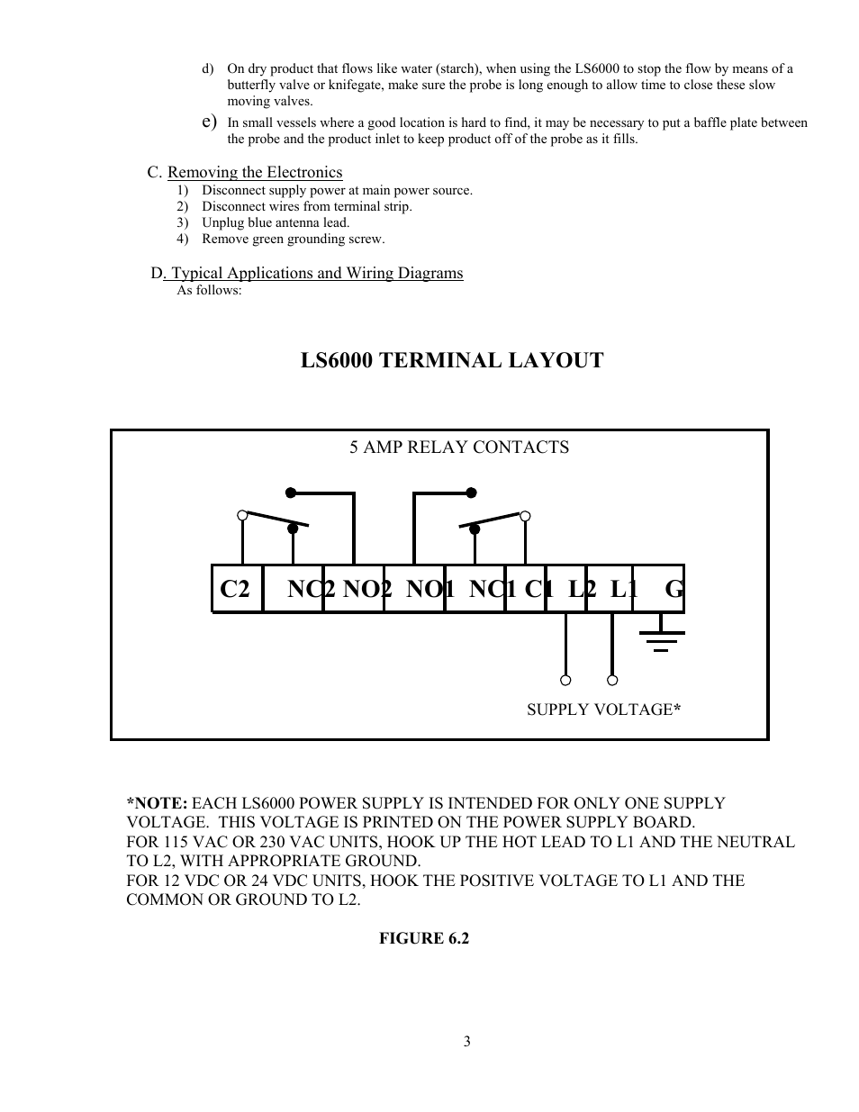 C. removing electronics, D. typical applications and wiring diagrams, 1) ls6000 terminal layout | Ls6000 terminal layout | Babbitt LS6000 Basic Features Sensor User Manual | Page 5 / 10
