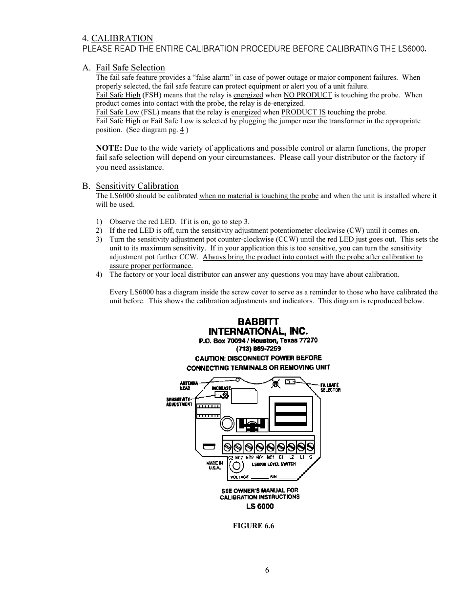 Calibration, A. fail safe selection, B. sensitivity calibration | Babbitt LS6000 Basic Features Sensor User Manual | Page 8 / 10