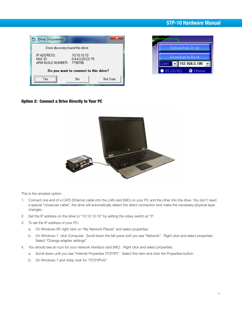 Option 2: connect a drive directly to your pc, Stp-10 hardware manual | Bimba STP-10 User Manual | Page 11 / 39