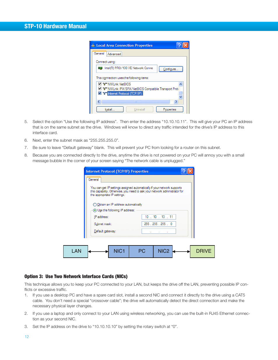 Option 3: use two network interface cards (nics), Stp-10 hardware manual | Bimba STP-10 User Manual | Page 12 / 39