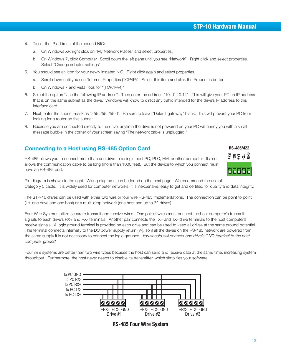 Connecting to a host using rs-485 option card, Stp-10 hardware manual, Rs-485 four wire system | Bimba STP-10 User Manual | Page 13 / 39