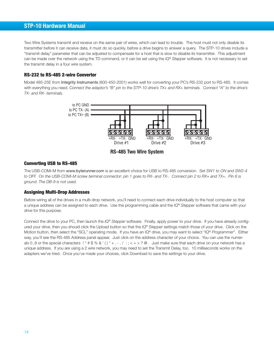 Rs-232 to rs-485 2-wire converter, Converting usb to rs-485, Assigning multi-drop addresses | Stp-10 hardware manual, Rs-485 two wire system | Bimba STP-10 User Manual | Page 14 / 39