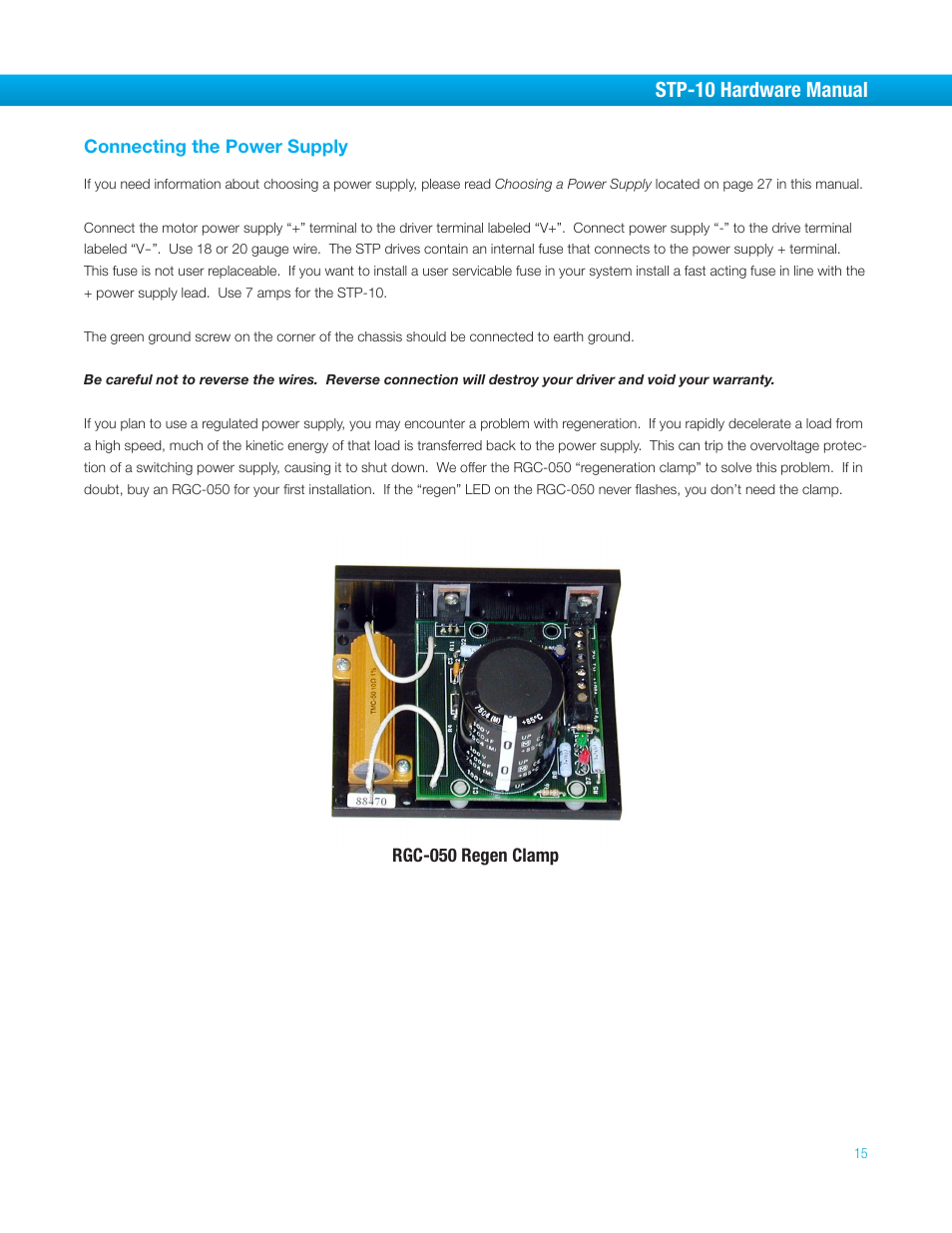 Connecting the power supply, Stp-10 hardware manual | Bimba STP-10 User Manual | Page 15 / 39