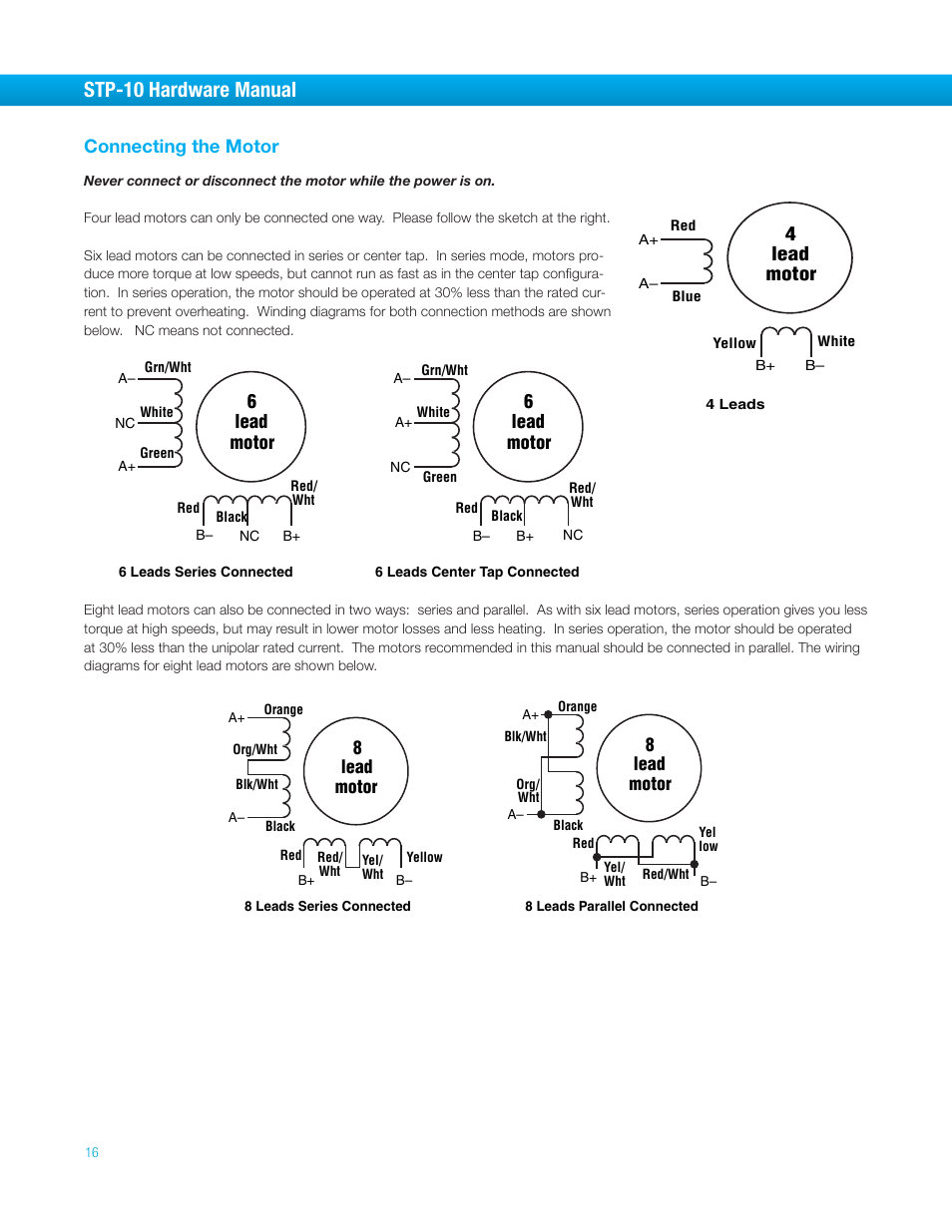Connecting the motor, Stp-10 hardware manual, 4lead motor | 6lead motor, 8lead motor | Bimba STP-10 User Manual | Page 16 / 39