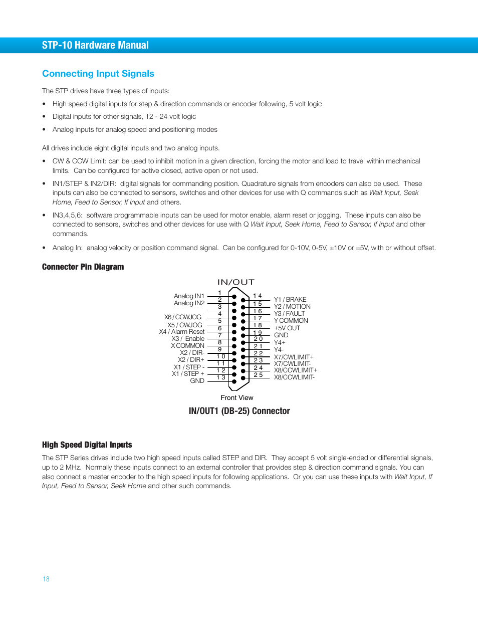 Connecting input signals, Connector pin diagram, High speed digital inputs | Stp-10 hardware manual, In/out1 (db-25) connector | Bimba STP-10 User Manual | Page 18 / 39