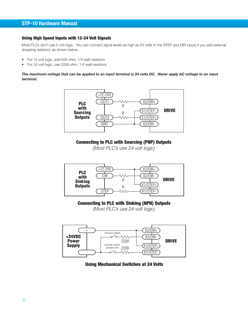 Using high speed inputs with 12-24 volt signals, Stp-10 hardware manual | Bimba STP-10 User Manual | Page 20 / 39