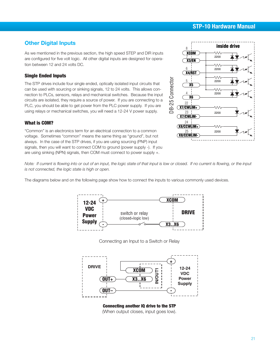 Other digital inputs, Single ended inputs, What is com | Stp-10 hardware manual, Db-25 connector, Drive, 24 vdc power supply | Bimba STP-10 User Manual | Page 21 / 39