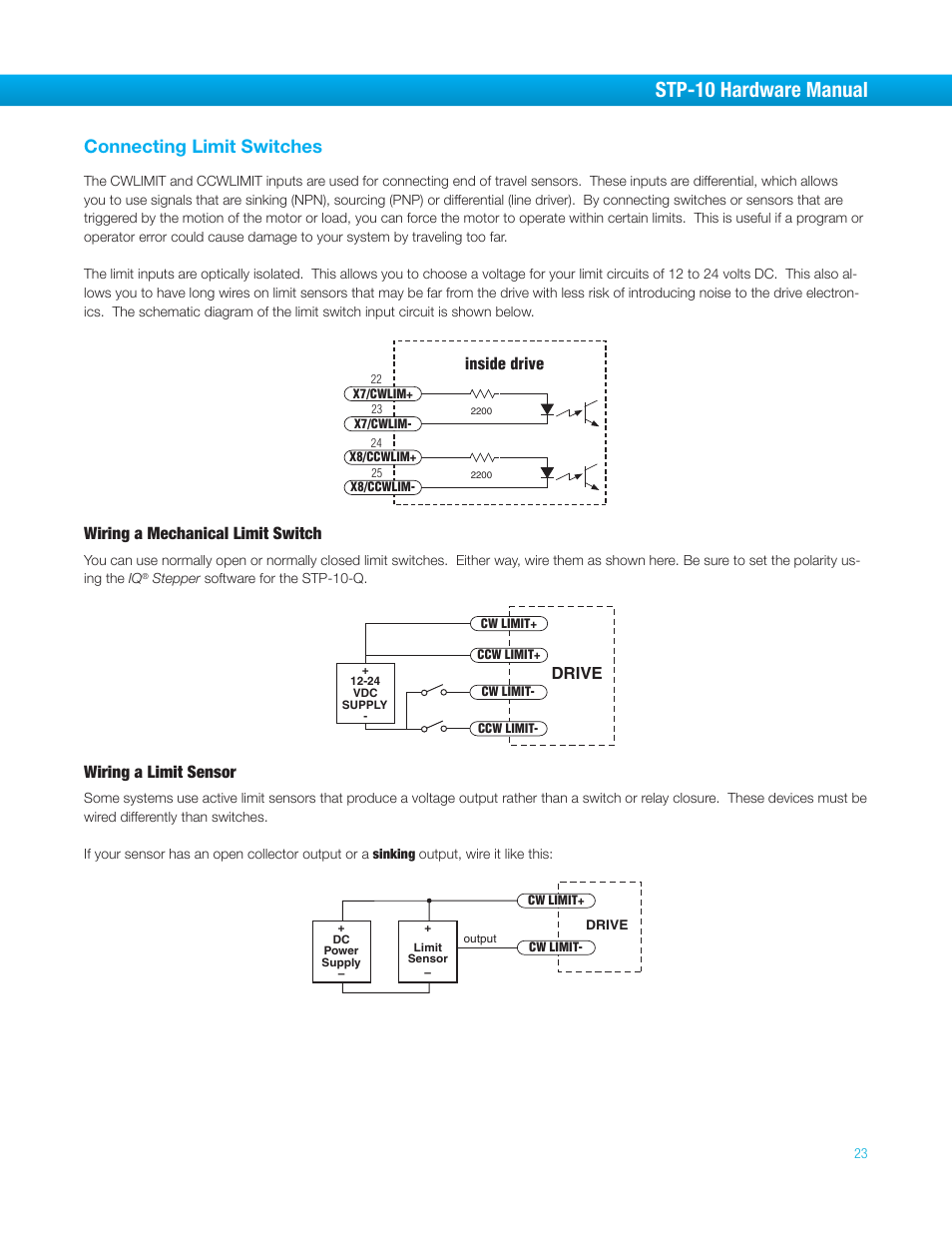 Connecting limit switches, Wiring a mechanical limit switch, Wiring a limit sensor | Stp-10 hardware manual | Bimba STP-10 User Manual | Page 23 / 39