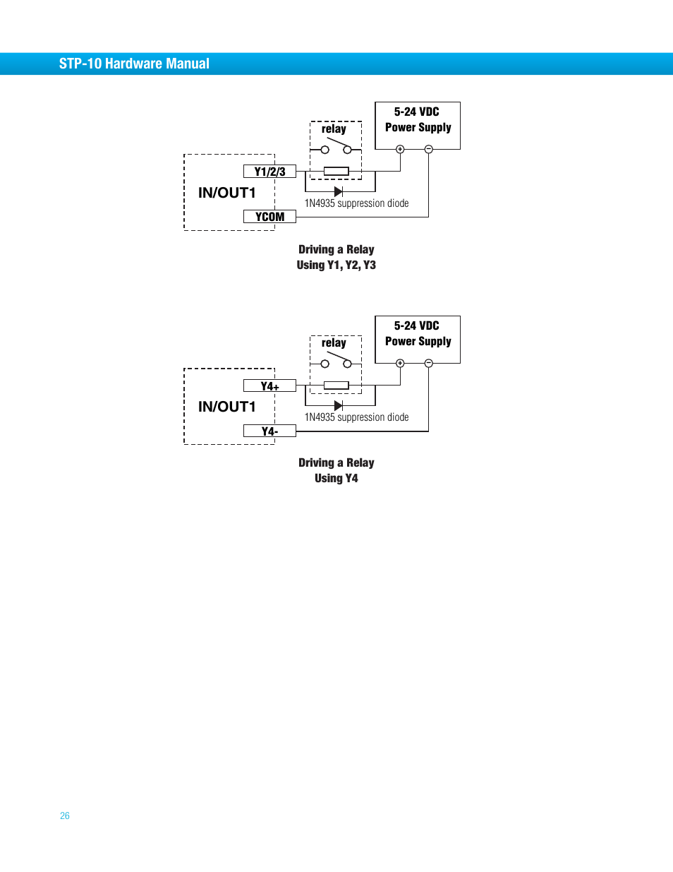 Driving a relay using y1, y2, y3, Driving a relay using y4, Stp-10 hardware manual | In/out1 | Bimba STP-10 User Manual | Page 26 / 39