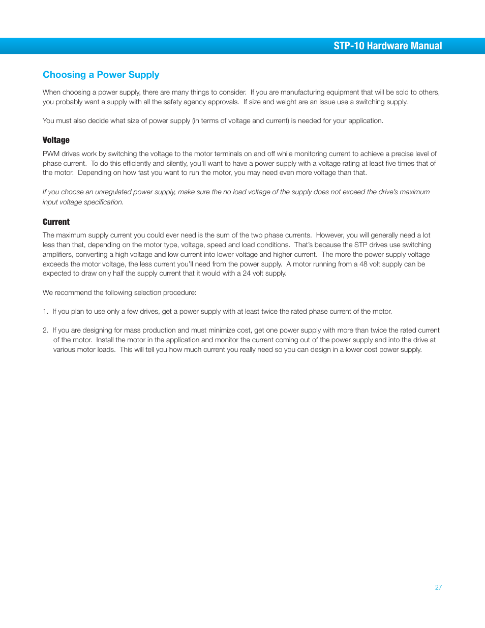 Choosing a power supply, Voltage, Current | Stp-10 hardware manual | Bimba STP-10 User Manual | Page 27 / 39