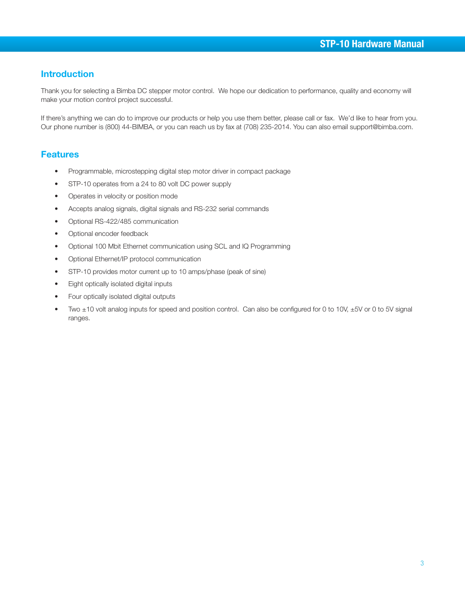 Introduction, Features, Introduction features | Stp-10 hardware manual | Bimba STP-10 User Manual | Page 3 / 39