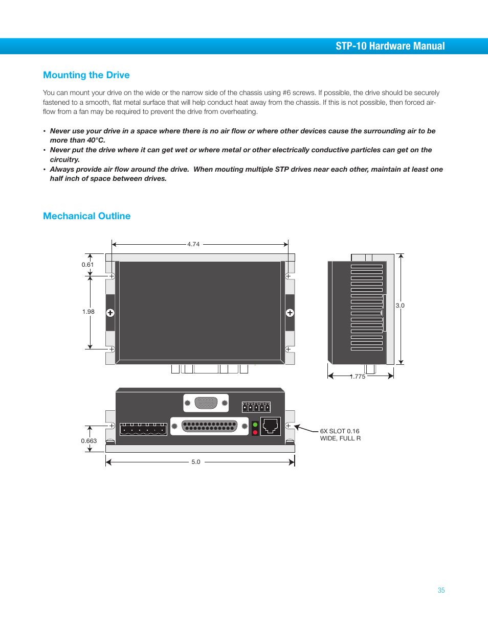 Mounting the drive, Mechanical outline, Mounting the drive mechanical outline | Stp-10 hardware manual, Mechanical outline mounting the drive | Bimba STP-10 User Manual | Page 35 / 39