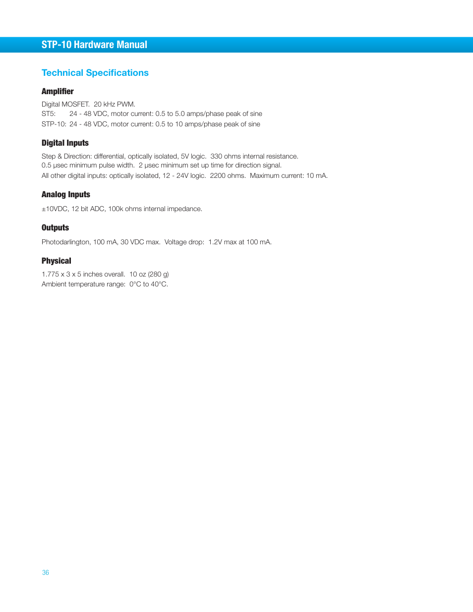 Technical specifications, Stp-10 hardware manual | Bimba STP-10 User Manual | Page 36 / 39