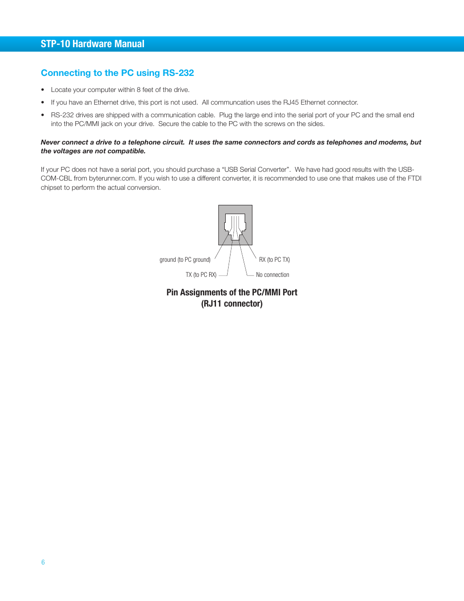 Connecting to the pc using rs-232, Stp-10 hardware manual | Bimba STP-10 User Manual | Page 6 / 39