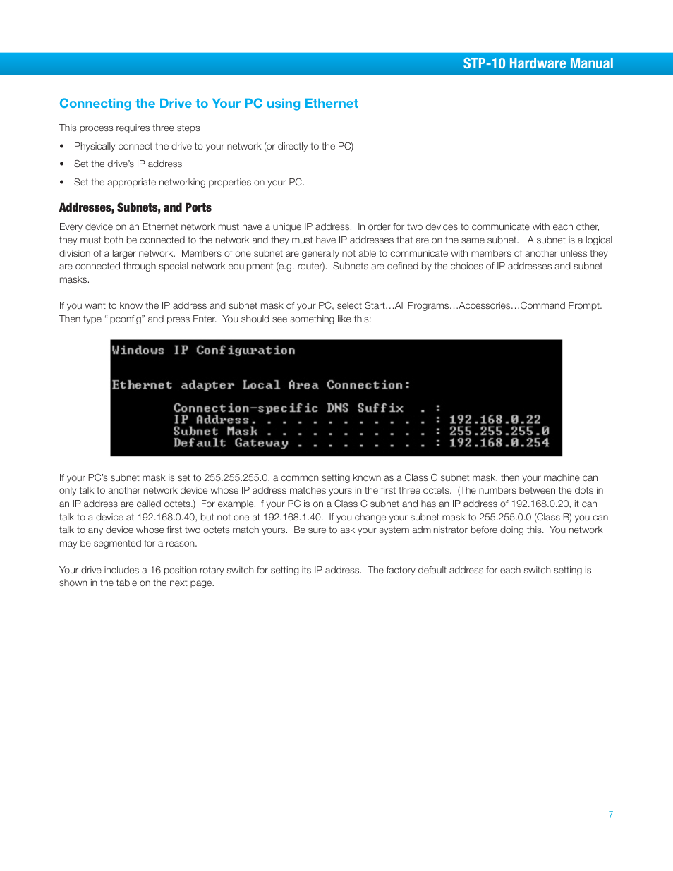 Connecting the drive to your pc using ethernet, Addresses, subnets, and ports, Stp-10 hardware manual | Bimba STP-10 User Manual | Page 7 / 39