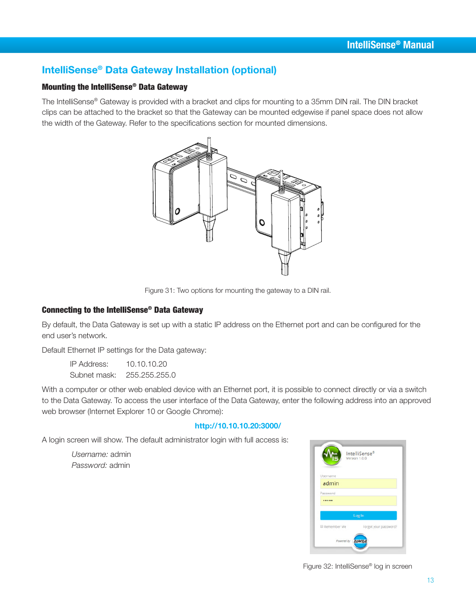 Intellisense, Manual, Data gateway installation (optional) | Bimba IntelliSens User Manual | Page 13 / 68