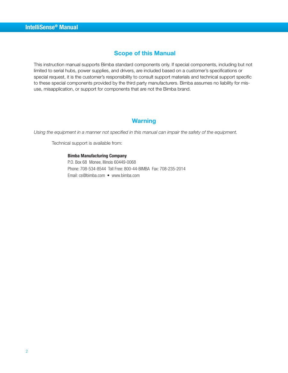 Intellisense, Manual, Scope of this manual | Warning | Bimba IntelliSens User Manual | Page 2 / 68