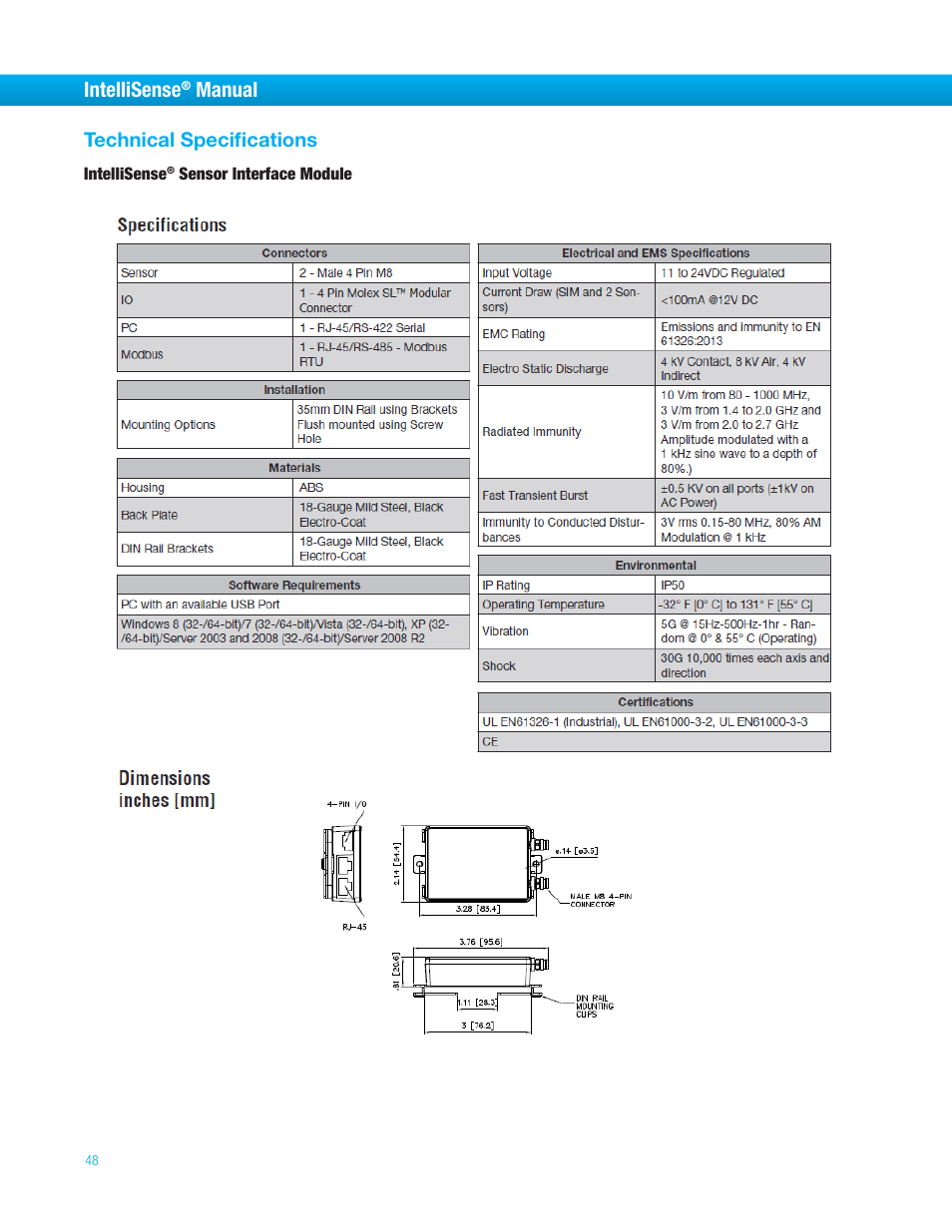 Intellisense, Manual, Technical specifications | Bimba IntelliSens User Manual | Page 48 / 68