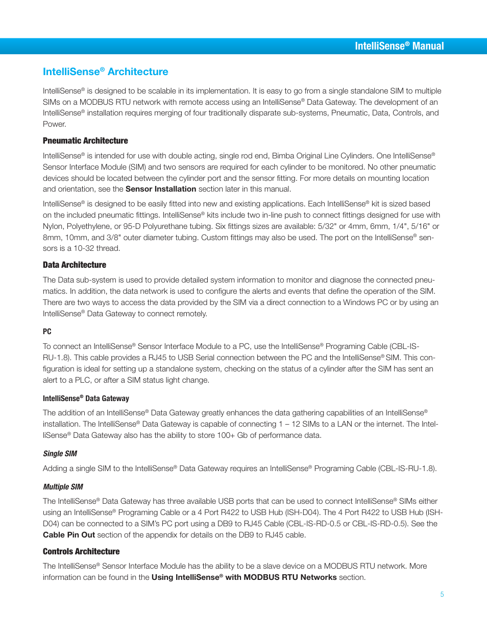 Intellisense, Manual, Architecture | Pneumatic architecture, Data architecture, Controls architecture | Bimba IntelliSens User Manual | Page 5 / 68