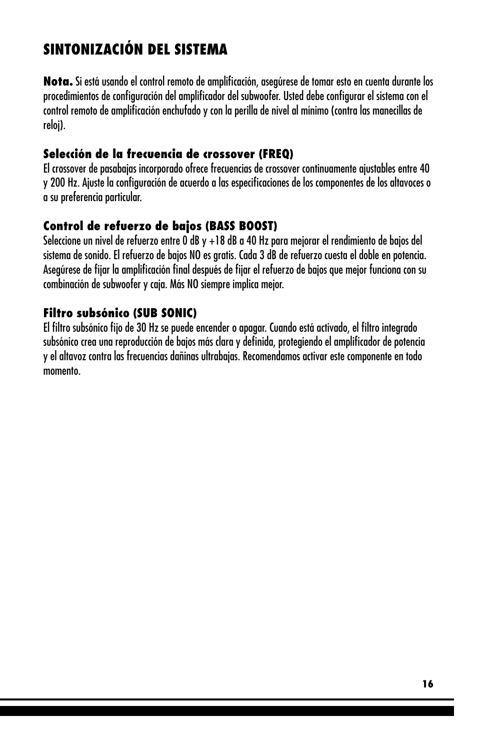 Sintonización del sistema | Coustic D-block User Manual | Page 17 / 32