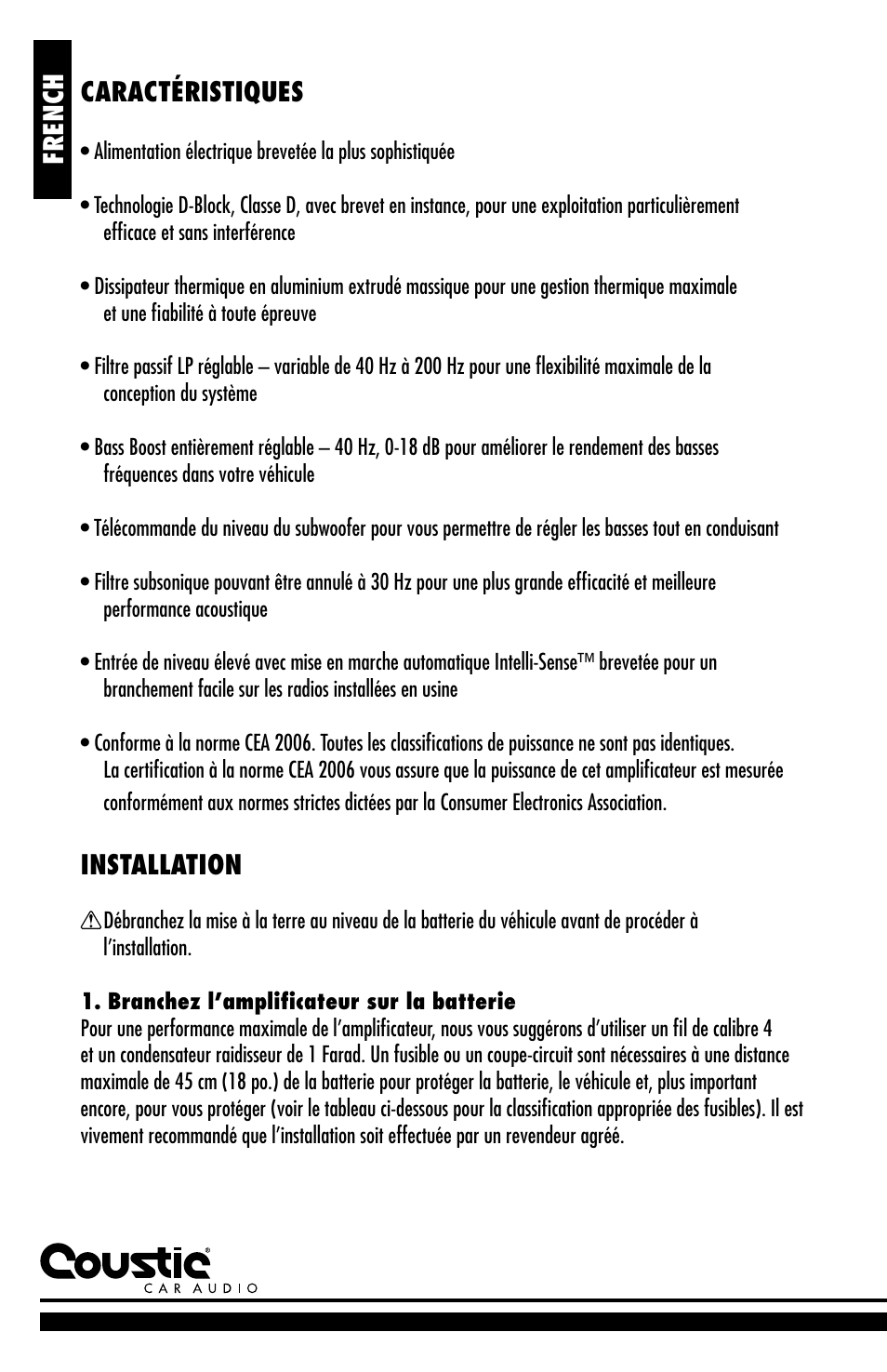 Caractéristiques, Installation, French | Coustic D-block User Manual | Page 20 / 32