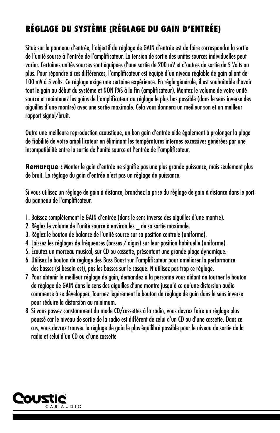 Réglage du système (réglage du gain d’entrée) | Coustic D-block User Manual | Page 22 / 32