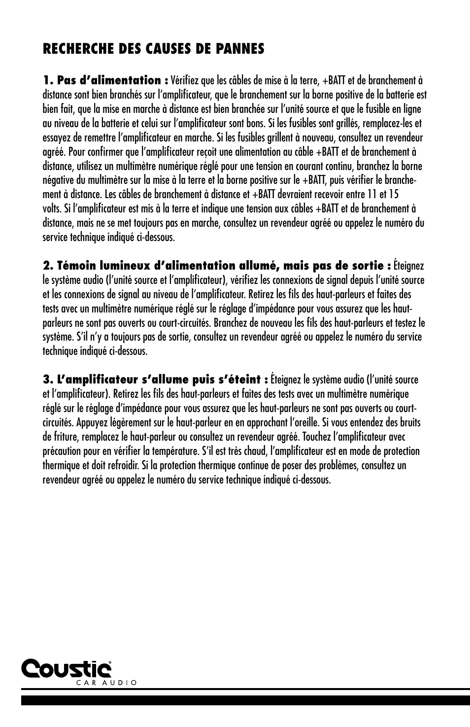 Recherche des causes de pannes | Coustic D-block User Manual | Page 24 / 32