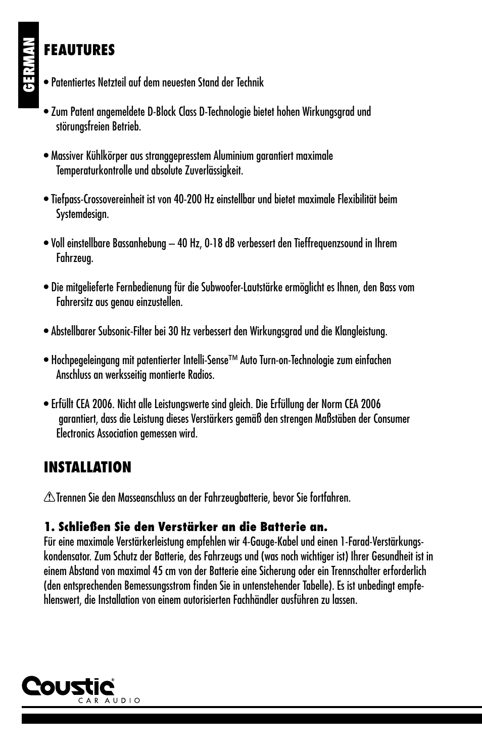 Feautures, Installation, German | Coustic D-block User Manual | Page 26 / 32