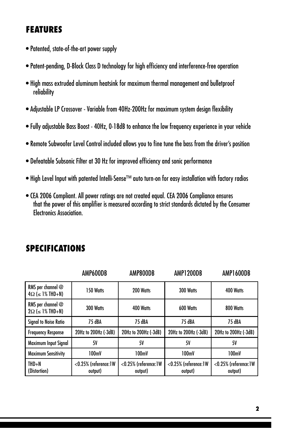 Features, Specifications | Coustic D-block User Manual | Page 3 / 32