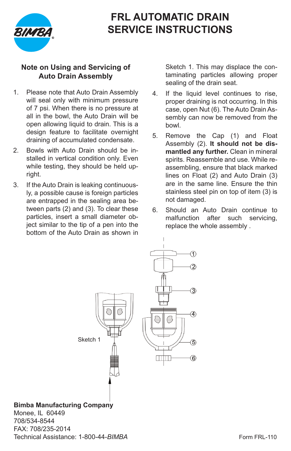 Bimba FRL Automatic Drain Service User Manual | 1 page