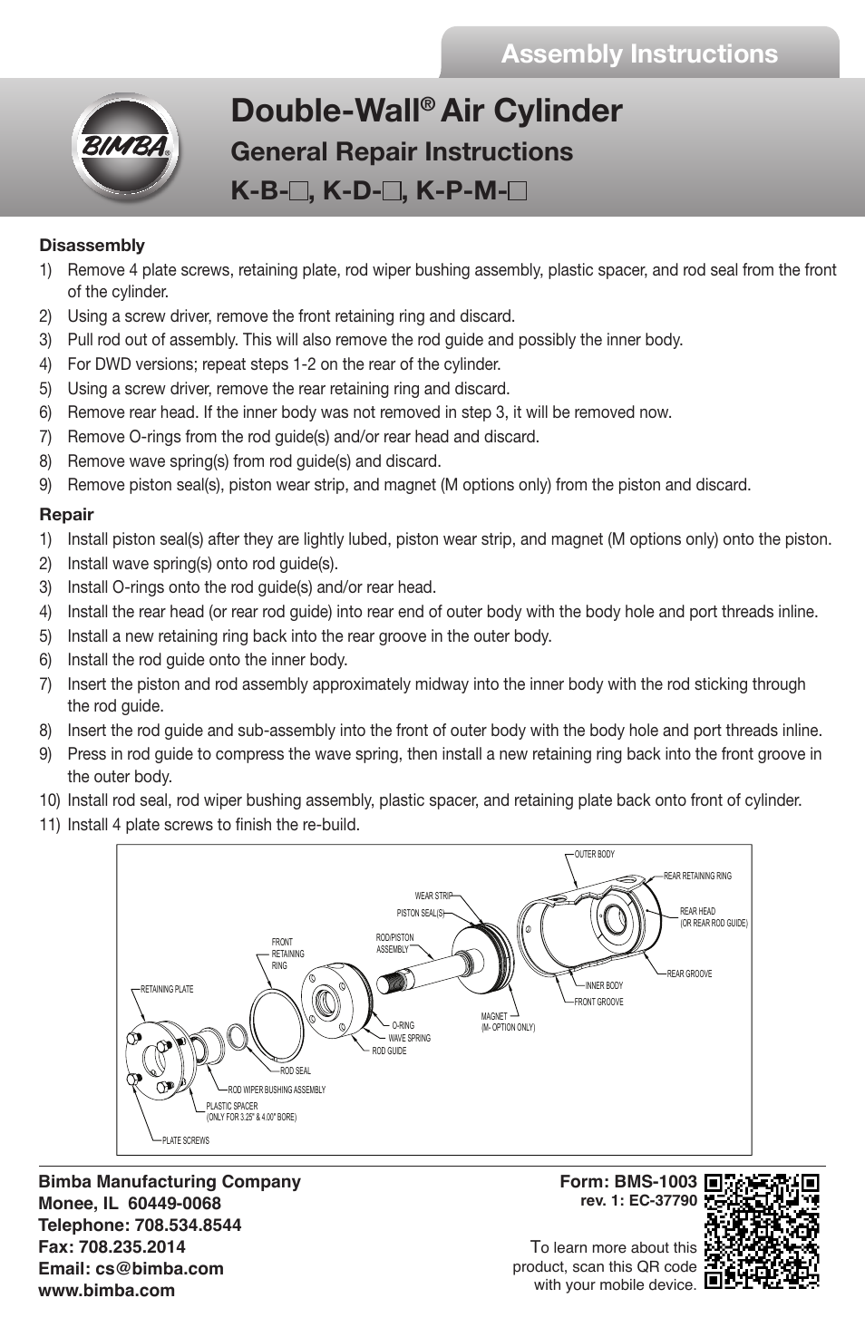 Bimba Double-Wal Air Cylinder General User Manual | 1 page