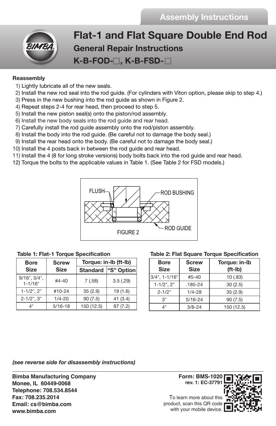 Flat-1 and flat square double end rod, Assembly instructions, General repair instructions k-b-fod- , k-b-fsd | Bimba Flat Squar Double End Rod General User Manual | Page 2 / 2