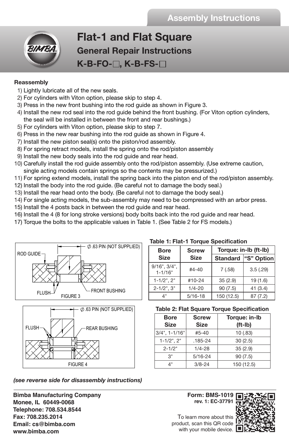 Flat-1 and flat square, Assembly instructions, General repair instructions k-b-fo- , k-b-fs | Bimba Flat Squar User Manual | Page 2 / 2