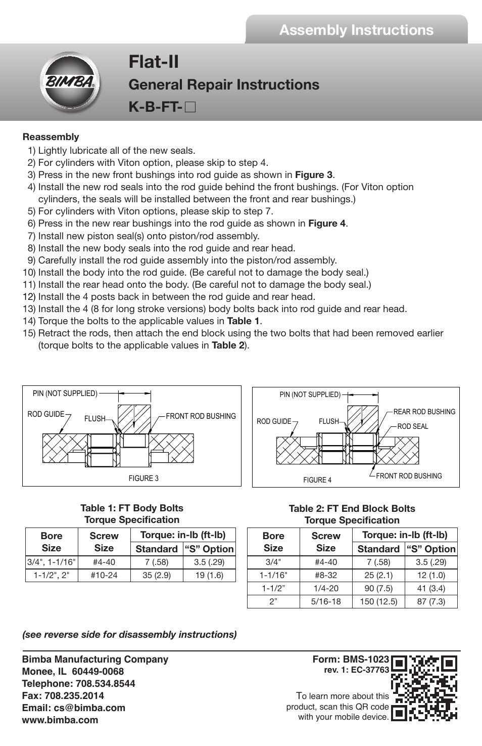 Flat-ii, Assembly instructions, General repair instructions k-b-ft | Bimba Flat-I Air Cylinder User Manual | Page 2 / 2