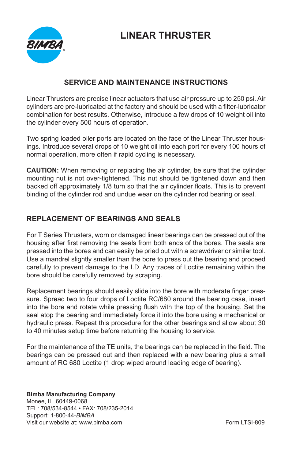 Bimba Linear Thruster User Manual | 1 page