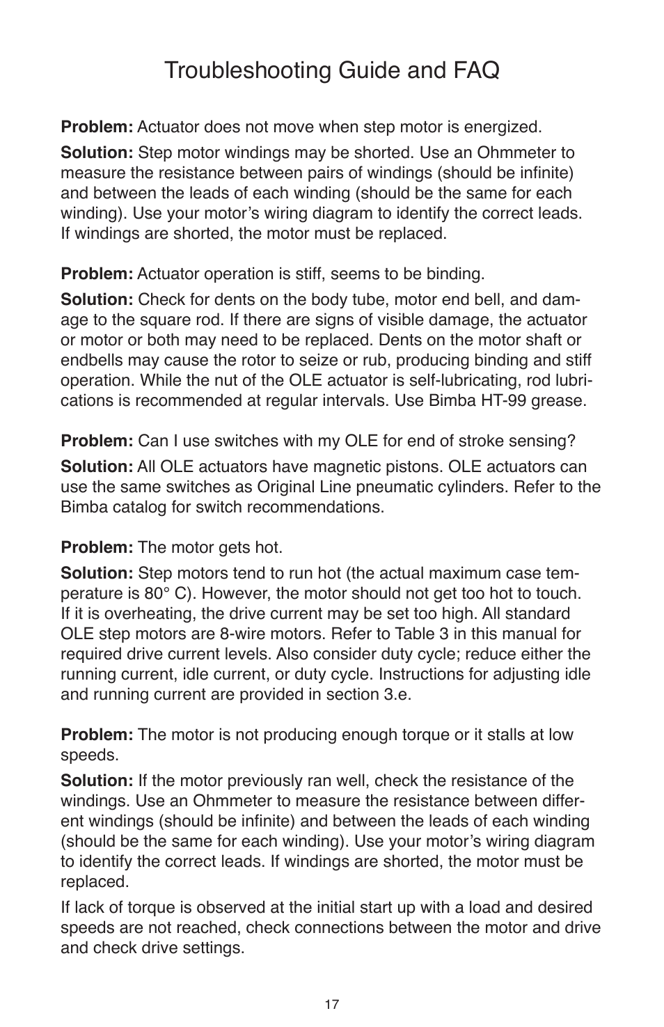 Troubleshooting guide and faq | Bimba OLE User Manual | Page 19 / 22