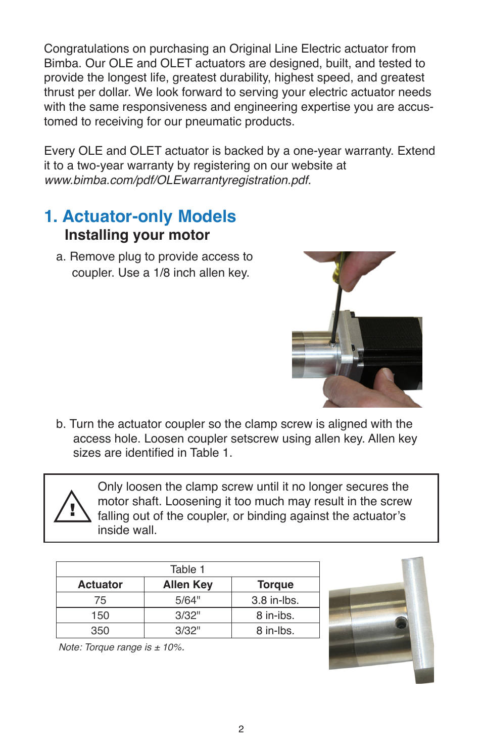 Actuator-only models, Installing your motor | Bimba OLE User Manual | Page 4 / 22