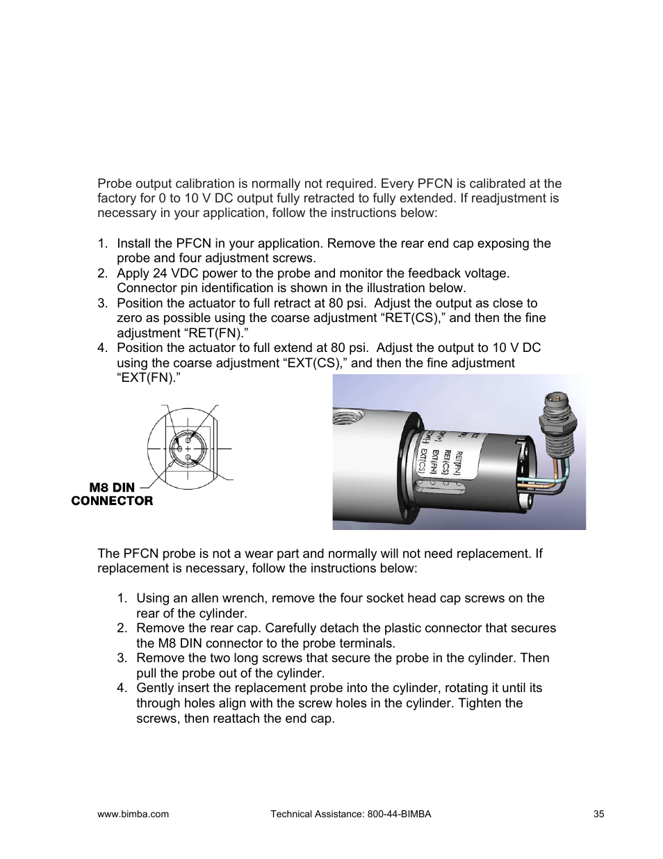 Appendix c, Pfcn probe adjustment and replacement instructions | Bimba PCS User Manual | Page 35 / 36